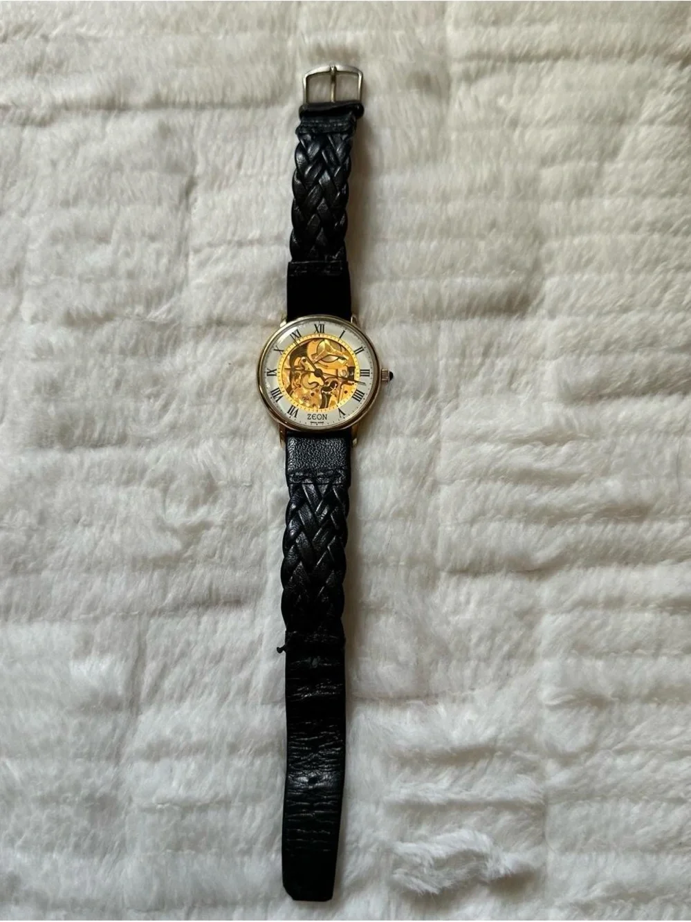 Vintage Men’s Zeon Gold Skeleton Dial Watch with Black Leather Strap